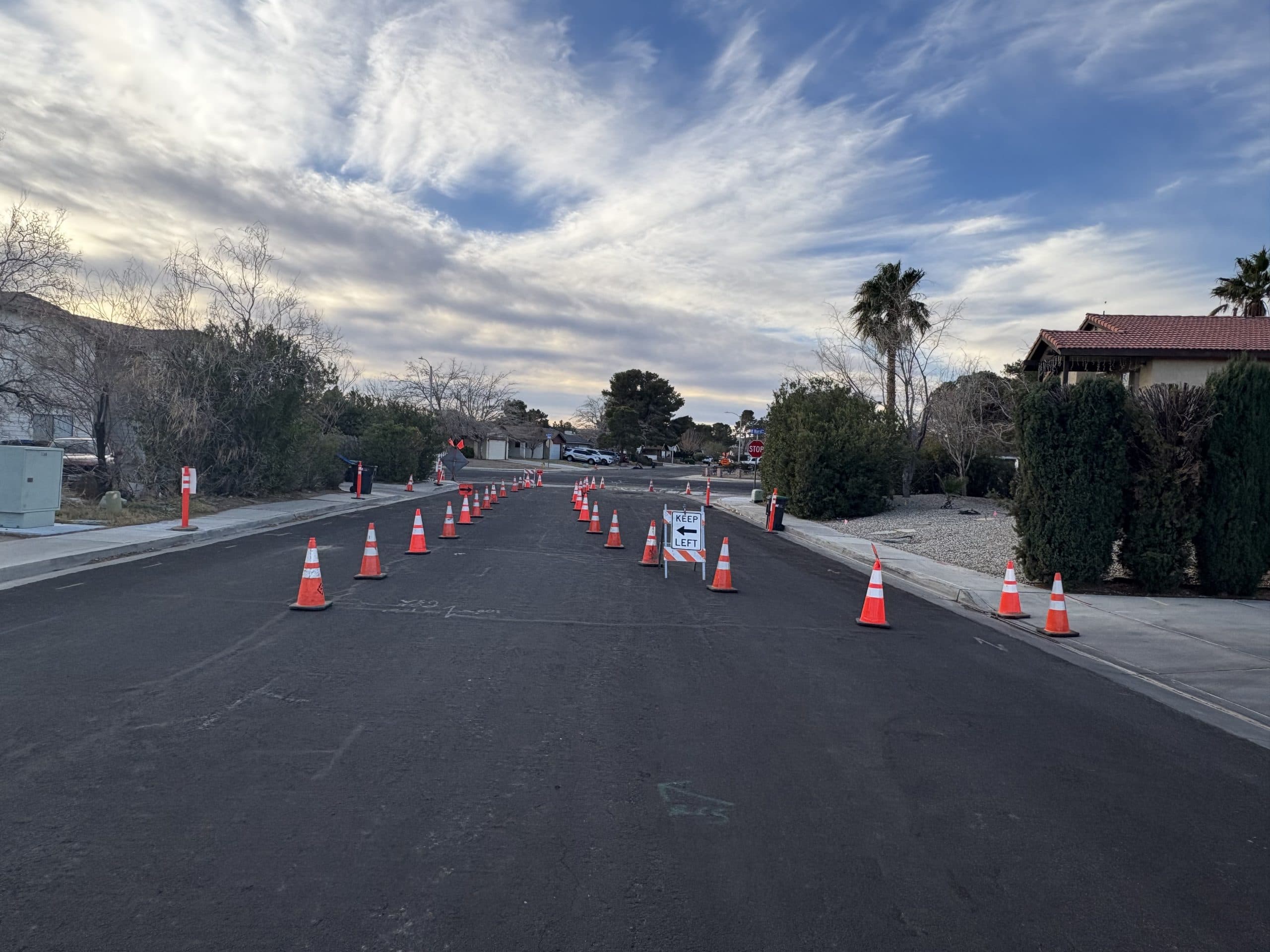 Cones and work zone signs set along a street by B&F Traffic Control