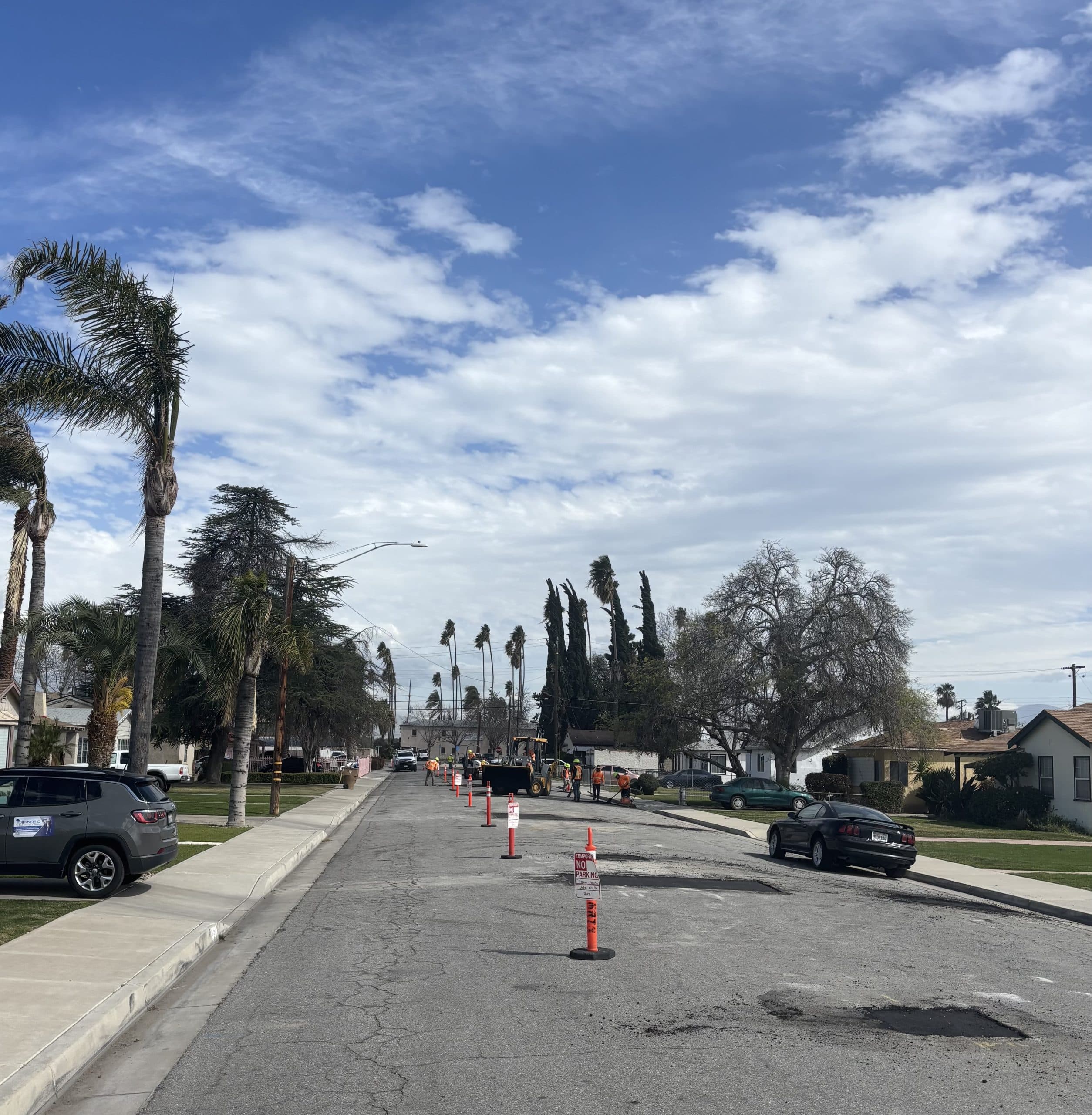 Cones set along a street for a B&F Traffic Control work zone